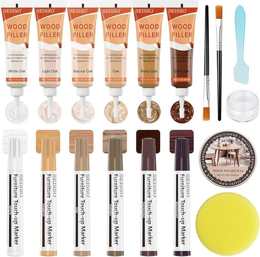 Wood Furniture Repair Kit - 6 Oak Color Wood Fillers with 6 Touch Up Markers and Wood Polish Wax for Wooden Stains, Scratch Repair, Cracks, Perfect for Laminate, Cabinet, Tables, Oak, Walnut