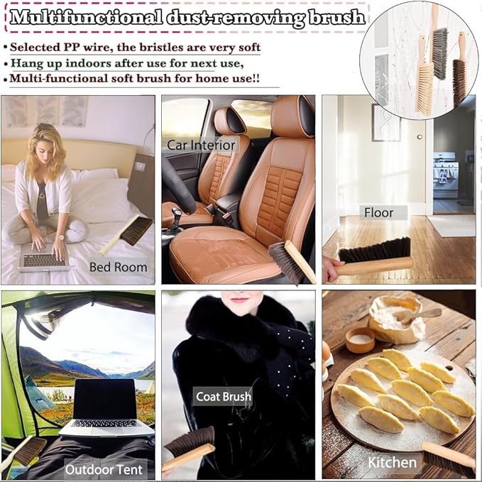 5pcsHand Broom Beech Wood Brush,Dust Brush,Duster for Counter,12inch Foxtail Bench Brush, Round Handle Handheld Brushes,5 Rows Soft Bristles for Bed,Shop Table,Woodworking Cleaning,Car,Sofa,Furniture