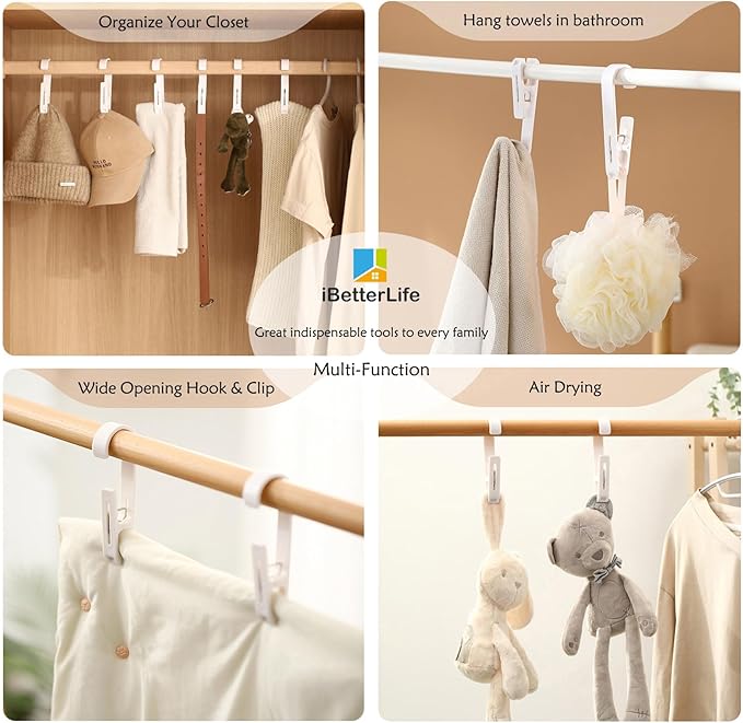iBetterLife 4Pcs Laundry Hooks Clips Hanger - Laundry Clips with Hooks Heavy Duty Closet Organizer Clothes Pins Hanging Towel Clamps for Socks, Boot, Bras for Bathroom Wardrobe Kitchen