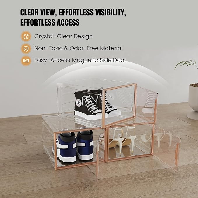 Shoe Storage Boxes Stackable, X-Large Plastic Clear Shoe Organizers with Magnetic Door, Thicken & Sturdy Sneaker Containers, Toy Storage Organizer Bins for Entryway, Closet, Under Bed