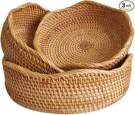 Rattan Bread Basket, Hand Woven Fruit Basket, Wicker Serving Basket Bowl, Decorative Baskets for Kitchen Counter Organizing, Set of 3 (Wave)
