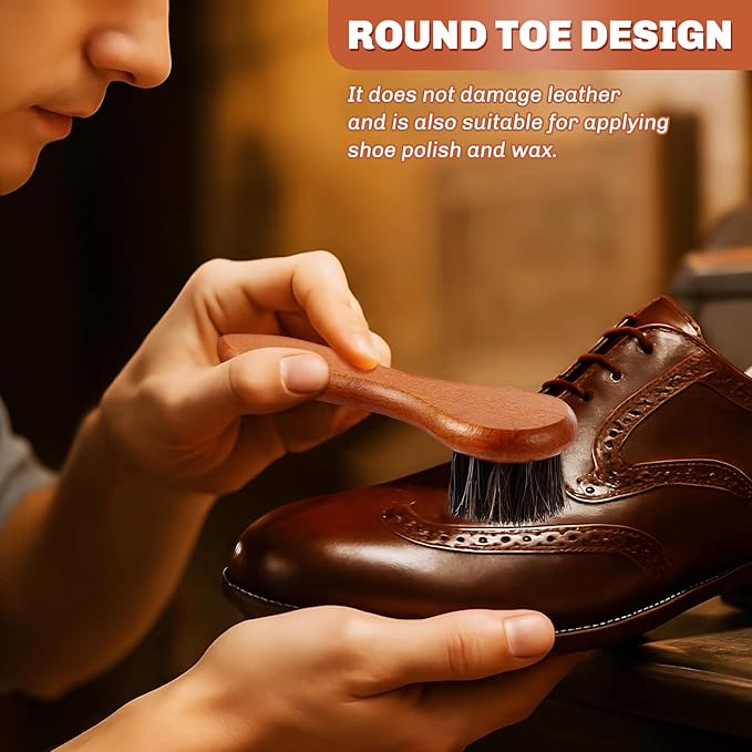 4 Pcs Horsehair Shine Shoes Brush Kit Polish Dauber Applicators Cleaning Leather Shoes Boots Care Brushes Suede Cleaner Brush with Microfiber Shoe Cloth(Brown Handle B)