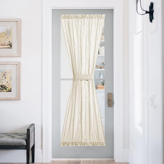 NICETOWN Privacy Door Curtain - Linen Textured French Front Door Curtain Semi Sheer Panel Tieback for Kitchen (52 inches W x 72 inches L, Beige, 1 Panel)