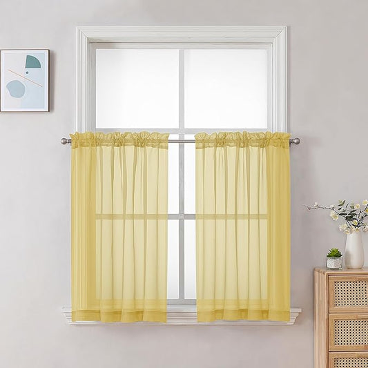 Chyhomenyc Yellow Sheer Curtains 30 inch Length 2 Panels, Light Filtering Voile Rod Pocket Short Window Curtians for Bathroom Living Room Farmhouse Small Windows, 42Wx30L inches