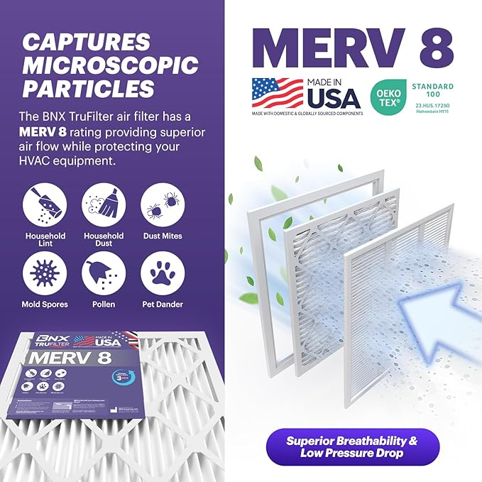BNX TruFilter 12x12x1 Air Filter MERV 8 (6-Pack) - MADE IN USA – Dust & Pet Defense Pleated Air Conditioner HVAC AC Furnace Filters for Dust, Pet, Mold, Pollen MPR 600 – 700 & FPR 5