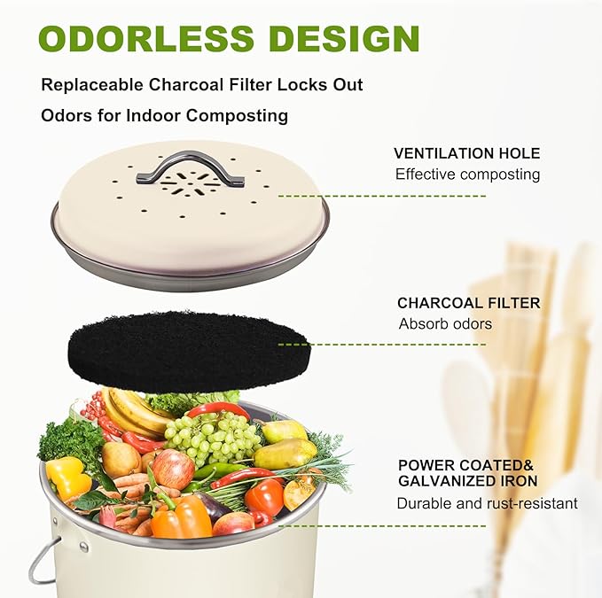 Kitchen Countertop Compost Bin, Odor Resistant Indoor Compost Bin with Lid and Charcoal Filter, Rust Resistant Coated Compost Bucket, Compost Container, Cream