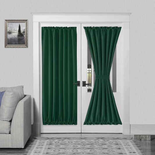 DWCN French Door Curtain - Rod Pocket Thermal Blackout Panel for Doors With Glass Window, Kitchen and Patio - Privacy, 54 X 72 Inches Long, 1 Panel With Tieback, Hunter Green