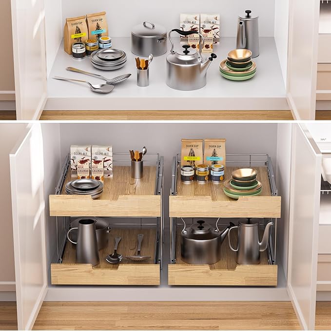 Pull Out Cabinet Organizer,Heavy-Duty Slide Out Shelf, Wood and Wire Basket, Pull Out Drawer for for Kitchen Under Sink Space, Pantry, Bathroom, 2 Tie 26 * 21 in