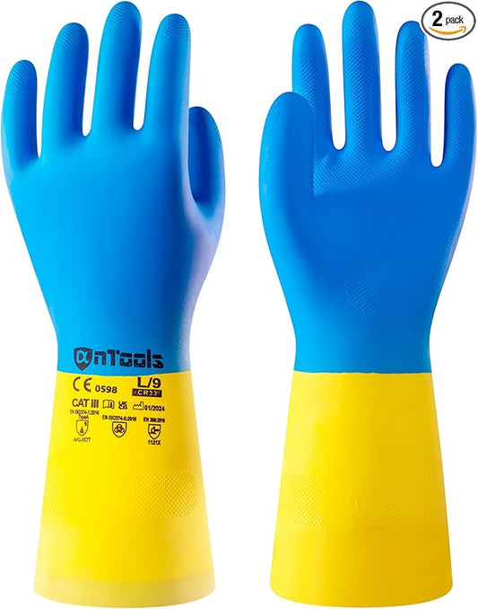 2 Pairs Neoprene and Rubber Blend Heavy-Duty Chemical Gloves, Protective industrial gloves for Resist Acid, Alkali, Hazmat, cleaning, dishwashing, Medium