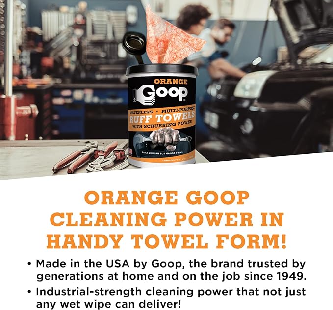 GOOP Orange Heavy Duty Ruff Towels with Scrubbing Power, 10” x 12” Dual Textured Multi-Purpose Cleaning Wipes, Removes Dirt, Grease, Oil, 72 Count