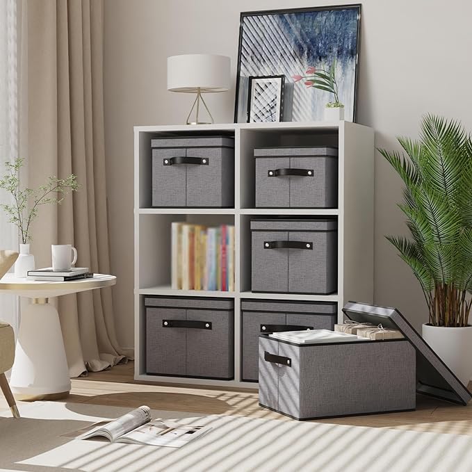 Storage Boxes, 15 x 9.8 x 8.3 Inch Baskets for Organizing with Lids, Fabric Bins with Handles, Decorative Linen Closet Organizers, Gray, 1 Pack