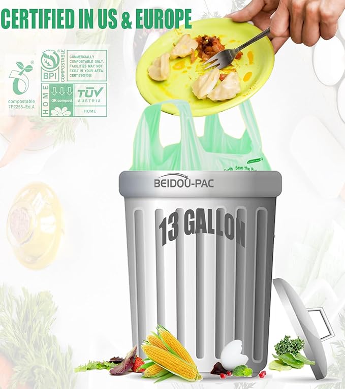 Compostable 13 Gallon Trash Bags, Tall Kitchen Garbage Bags with Handle, Sturdy Biodegradable Compost Bags, 100 Count, US BPI Certified