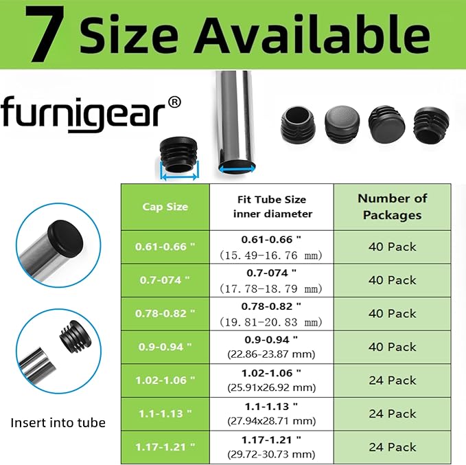 Furnigear Plastic Plugs Tubing End Caps Chair End Caps 11/16" Outside Bottom Round Tubing Caps Round Furniture Sliders Glides Black (Fit 0.61-0.66" Tube Inner Diameter, 40pack)