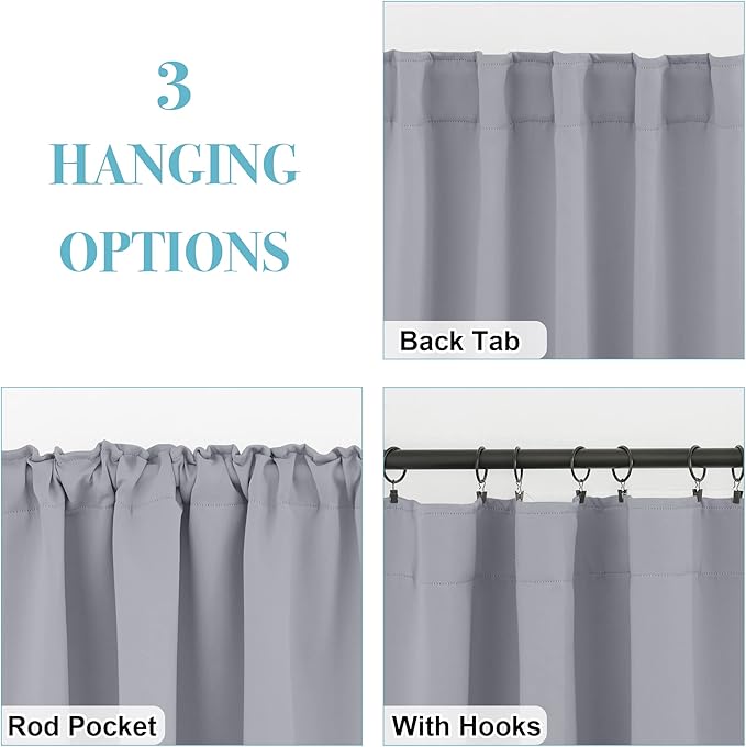 RYB HOME Bedroom Curtains, Room Darkening Thermal Insulated Curtain Back Tab Pleat Drapes Decent Window Treatment for Home Office Playroom Living Room, W42 x L63 inches, Sliver Grey, 2 Panels