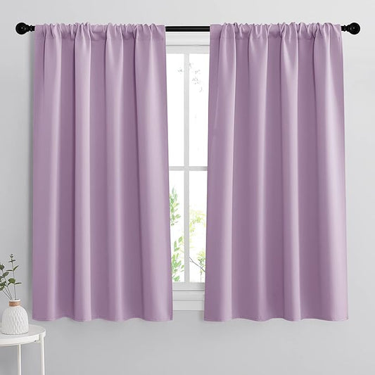 RYB HOME Small Kitchen Curtains, Room Darkening Drapes Energy Efficient Half Window Coverings Heavy Duty Solid Decor for Bedroom Bathroom Dining Room, W42 x L45 inches, Lilac, 2 Panels Set