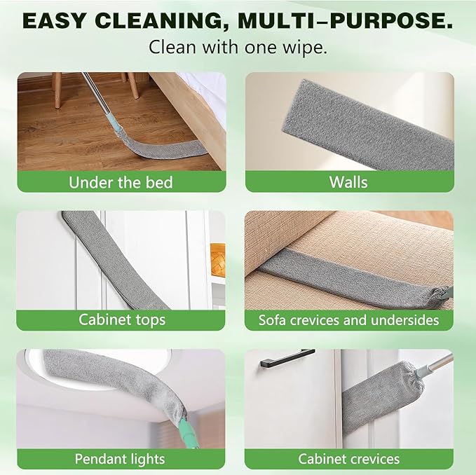 Retractable Gap Dust Cleaner Cleaning Tools with 2 Microfiber Dusting Cloths, Flat Duster with Extension Pole, Flexible Microfiber Duster for Cleaning Under Refrigerator,Sofa,Couch Bed,Furniture