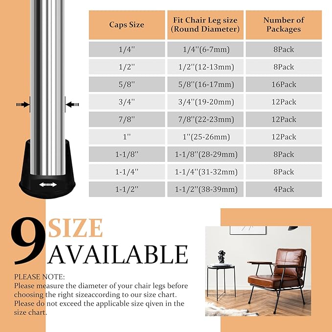 1-1/4” Round Rubber Chair Leg Tips Caps, Chair Leg Floor Protectors Furniture Legs Caps Non Slip Reduce Noise for Hardwood Floors (Black, 8 Pack)