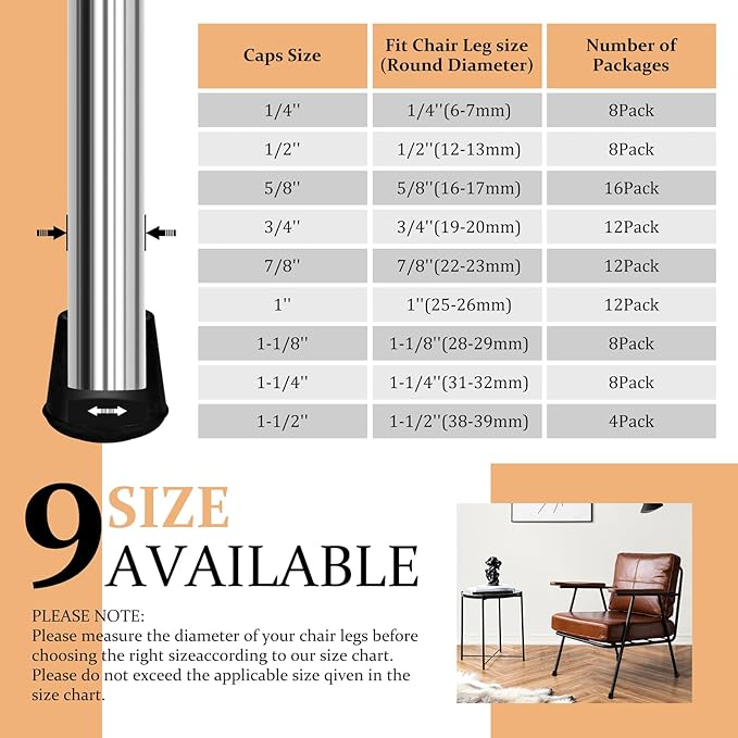 1/4" Round Rubber Furniture Leg Tips Caps, 8 Pack Black Extra Small Furniture Leg Floor Protectors (Fit: 6mm to 7mm)