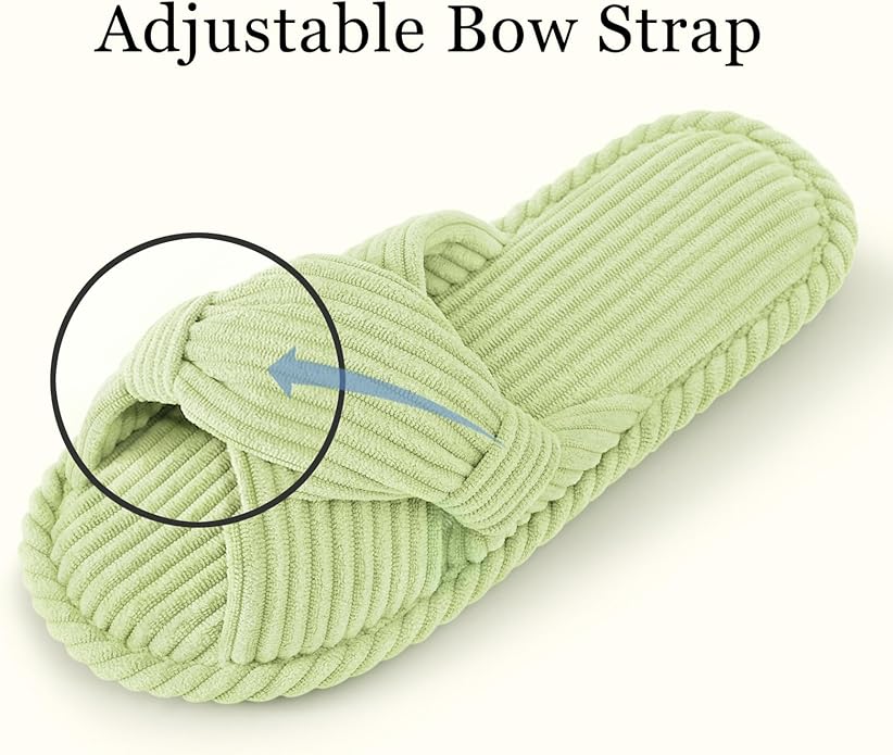 Evshine Summer House Slippers for Women Corduroy Cross Bow Indoor Slippers Open Toe Slip On Bedroom Shoes with Memory Foam