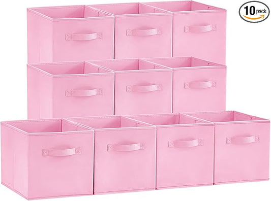 Lifewit 10 Packs Storage Cubes, 11 Inch Cube Storage Bins, Foldable Decorative Fabric Storage Baskets for Organizing Home Organizers with Handles for Shelves, Closet, Pink