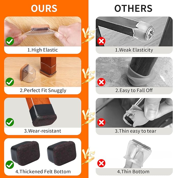 Ezprotekt 24 Pcs Rectangle Black Silicone Chair Leg Floor Protectors Caps, Rectangle Felt Chair Leg Covers Cups for Desk Chair Table - Anti- Scratches and No Noise (Fit L :1.3-1.7", W: 0.9-1.2")