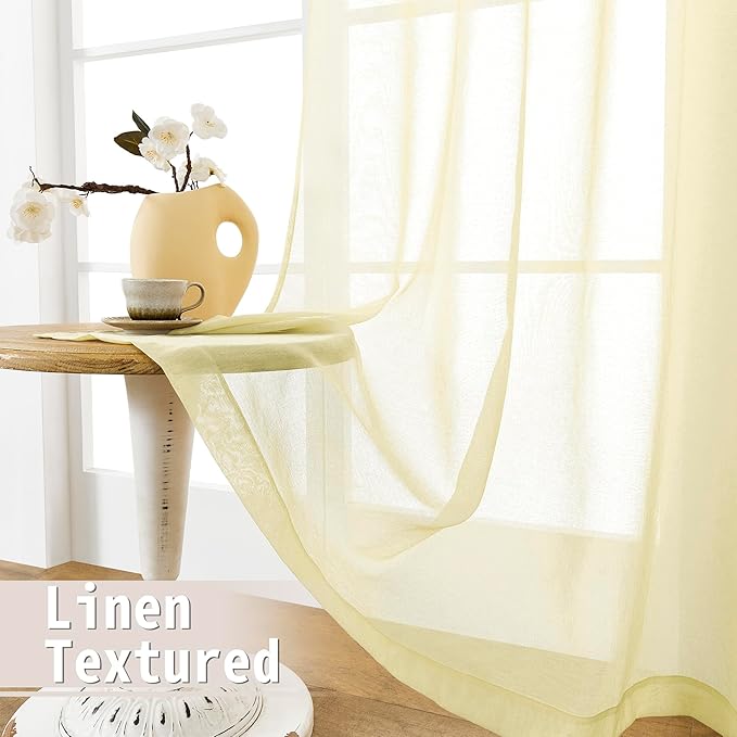 Tollpiz Sheer Door Curtain Closet Linen Textured Curtains Sheer Doorway Light Filtering Voile Patio Door Rod Pocket Curtain French Door, 54 x 72 inches Long, Transparent Yellow, Set of 1 Panel
