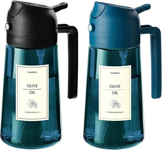 TrendPlain 16oz/470ml Blue Glass Olive Oil Sprayer for Cooking - 2 in 1 Olive Oil Dispenser for Kitchen Gadgets, Air Fryer, Salad, and BBQ (1 Pack, Black & Navy)