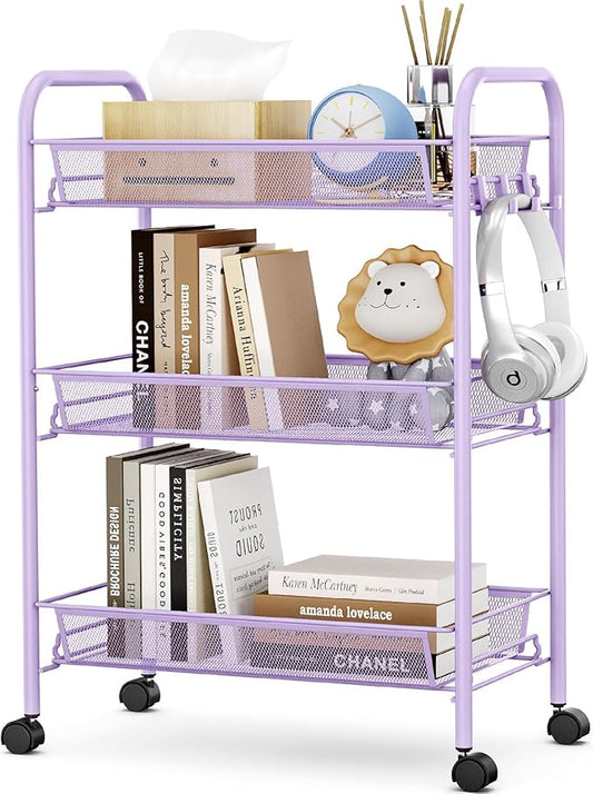 TOOLF 3-Tier Metal Rolling Cart, Mesh Wire Easy Assemble Utility Cart, Storage Trolley on Wheels with 3 Hooks, MetalStorage Shelving Units for Kitchen Bathroom Laundry Room