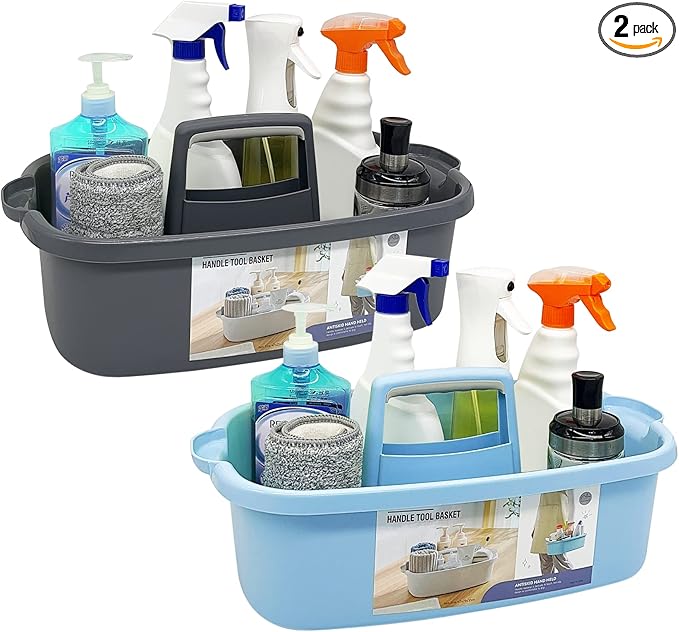 2 Pack Multi-Purpose Plastic Cleaning Caddy with Handle, Shower Caddy Organizer/Storage Basket/Totes Portable for Bathroom Supplies, Cleaning Products, Under Sink Tool. (blue+grey)