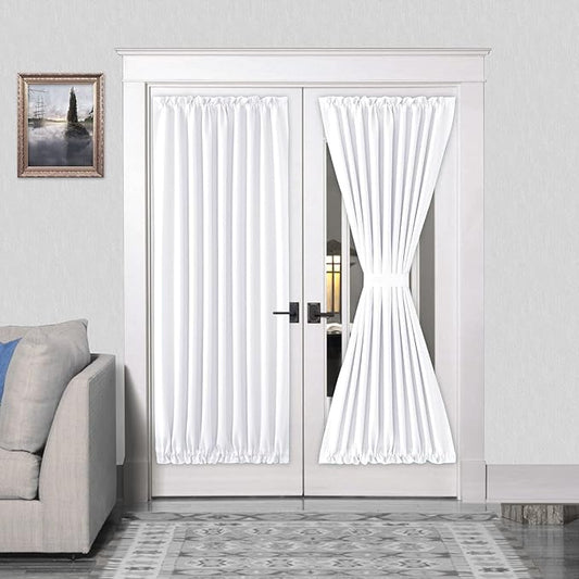 DWCN French Door Curtains – Rod Pocket Thermal Curtain for Doors with Glass Window, Kitchen and Patio Doors for Privacy, 54 X 72 Inches Long, 1 Curtain Panel with Tieback, Pure White