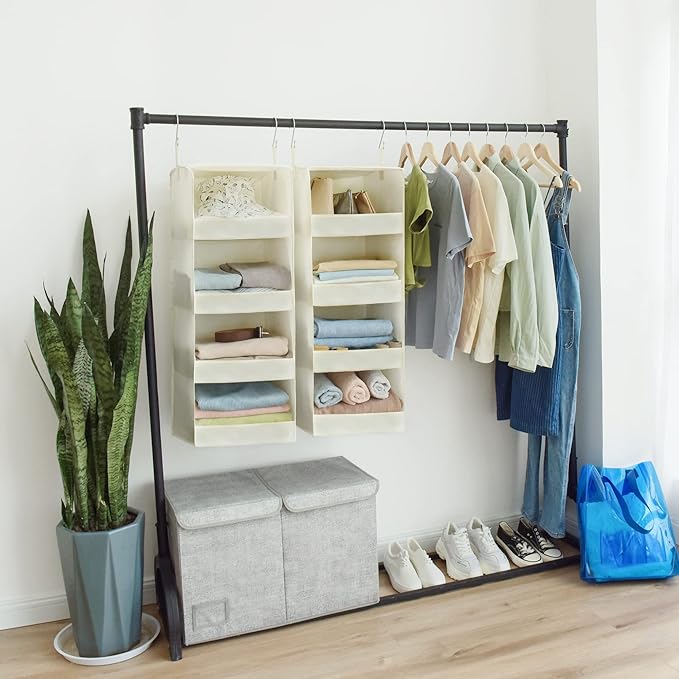 GRANNY SAYS 4-Shelf Hanging Organizer, Closet Hanging Shelves, Space Saver for Bedroom & Living Room, Beige, 2-Pack