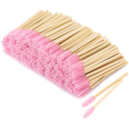 Tbestmax 300 Disposable Mascara Wands Eyelash Brush Spoolies for Eye Lash Extension Eyebrow Bamboo Stick Pink