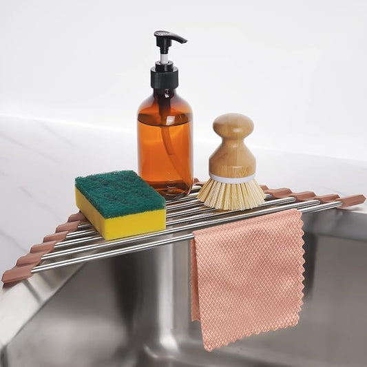 Tomorotec Triangle Roll-Up Dish Drying Rack for Sink Corner Small Foldable Stainless Steel Over The Sink Multipurpose Kitchen Drainer Caddy Trivet Rustproof Storage Shelf (Chocolate Brown)