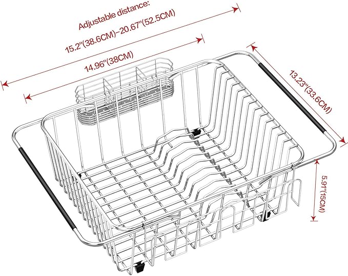 Dish Drying Rack in Sink, Extendable Stainless Steel Dish Drainers for Kitchen Counter, Anti-Rust Dish Dryer Rack with Utensil & Cup Holders, for Inside Sink, Over The Sink
