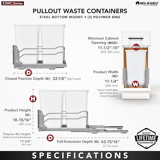 Rev-A-Shelf Double Pull-Out Trash Can for Under Kitchen Cabinets 27 Quart 12.5 Gallon with Soft-Close Slides, White, 53WC-1527SCDM-211