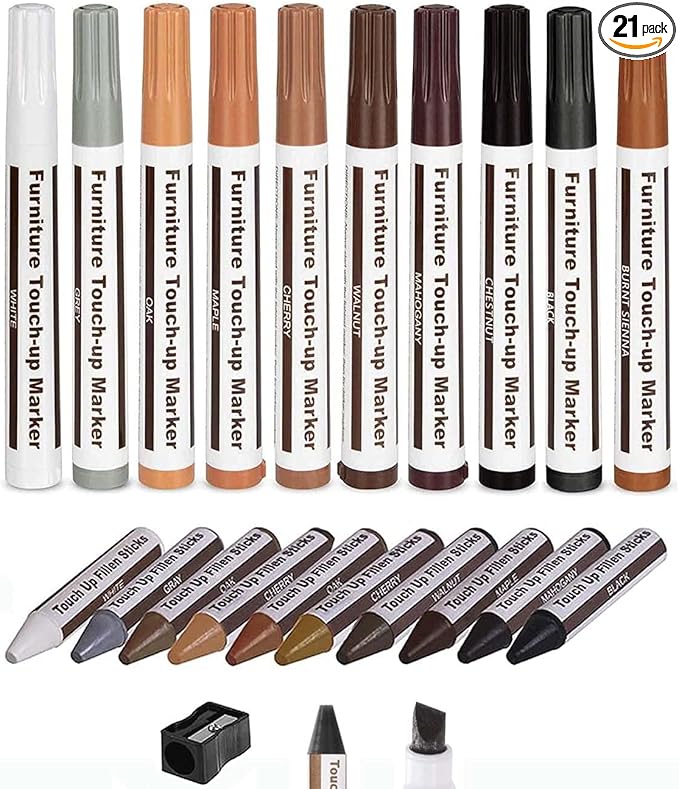 Furniture Markers Touch Up, Lifreer 21 Pcs Wood Filler Floor Scratch Repair Kits, Wood Markers and Wax Stick with Sharpener Kit for Funiture Repair,Floor Scratch