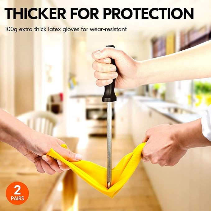 Vgo... 2-Pairs Reusable Household Gloves, Rubber Dishwashing gloves, Extra Thickness, Long Sleeves, Kitchen Cleaning, Working, Painting, Gardening, Pet Care (Size M, Yellow, HH4601)