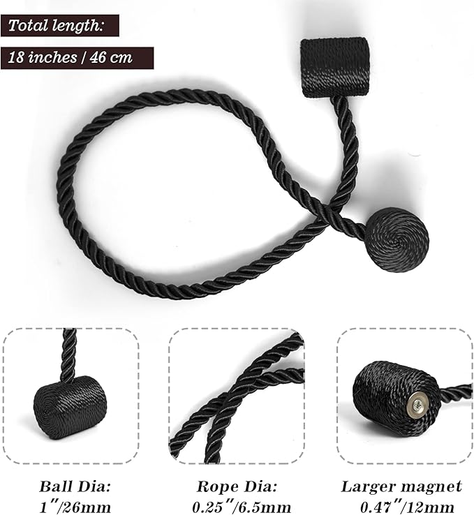 Hion Magnetic Curtain Tiebacks Black 2pcs, Curtain Tiebacks Buckles Holdbacks Holders Hooks Clip for Home Bedroom Office Decorative Curtain
