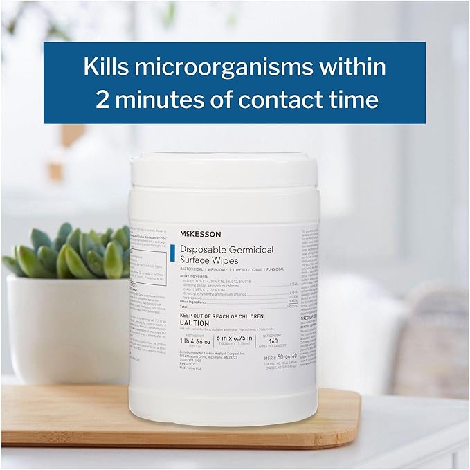 McKesson Germicidal Wipes [480 Count] Disinfecting Wipes, Alcohol Cleaning Disinfectant Wipes, Hospital Grade Multi-Surface Wipes, 160 Wipes, 3 Pack
