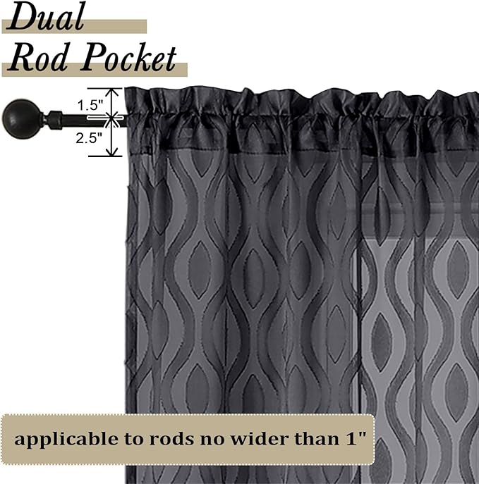 Aiyufeng Black Kitchen Curtains 14 Inch Length, Clip Jacquard Chic Wavy Line Black Valances for Windows, Lightweight Airy Rod Pocket Short Curtains for Bathroom Basement, 2 PCS, 40" Wx14 L Inches