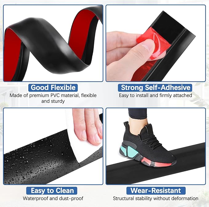 Vinyl Door Threshold Flooring Transition Strip Self Adhesive Carpet Edging Strip for Laminate Doorway Edge Threshold from 2/5" to 3/5" (Black, 3.3 Ft)