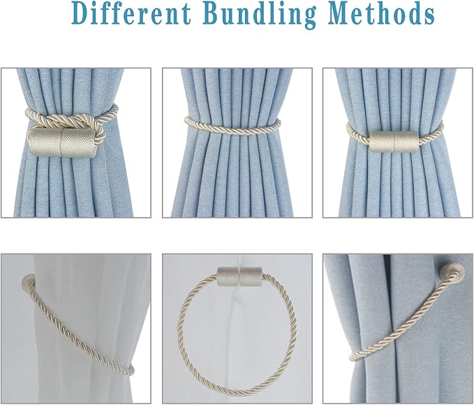 Magnetic Curtain Tiebacks 6 Pack Beige Curtain Rope Tieback Curtain Holders for Drapes Modern Tie Backs Decorative Curtain Holdbacks