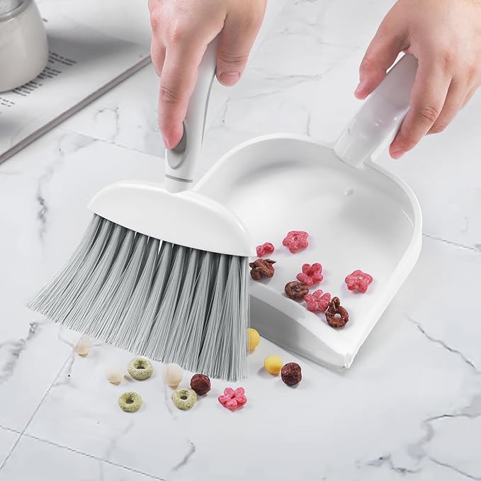 NACENA Small Dust Pan and Brush Set, Mini Broom and Dustpan Set Small Hand Broom and Brush Combo Dust Pan with Teeth for Home Cleaning Drawers Desktop Sofas Pet Care and Outdoor, White & Gray