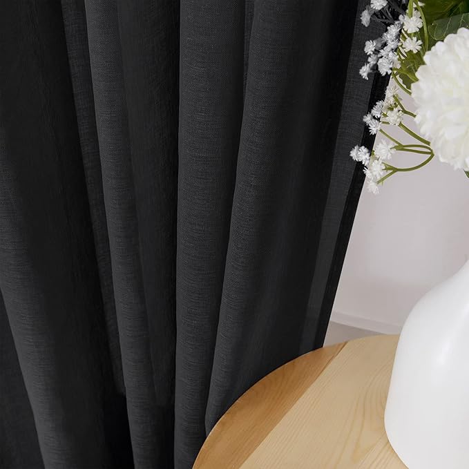 Tollpiz Short Sheer Tier Curtains Linen Textured Half Kitchen Curtain Sheers Light Filtering Rod Pocket Voile Small Curtain for Bathroom, 25 x 24 inches Long, Black, Set of 2 Panels