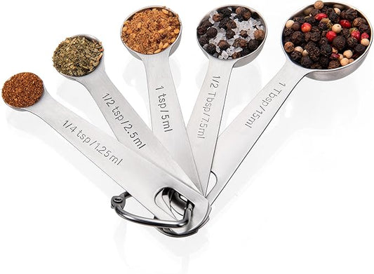Doosu Measuring Spoons Set of 5-18/8 Stainless Steel Heavy Duty Teaspoons Tablespoons with Engraved Metric & US Measurements, Metal Measure Spoon for Dry and Liquid Ingredients, Dishwasher Safe