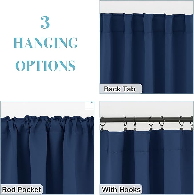 RYB HOME Curtains for Living Room - Blackout Curtains Sunlight Block Privacy for Dining Bedroom Bay Window French Door Decor, W 42 x L 72, Navy, 1 Pair