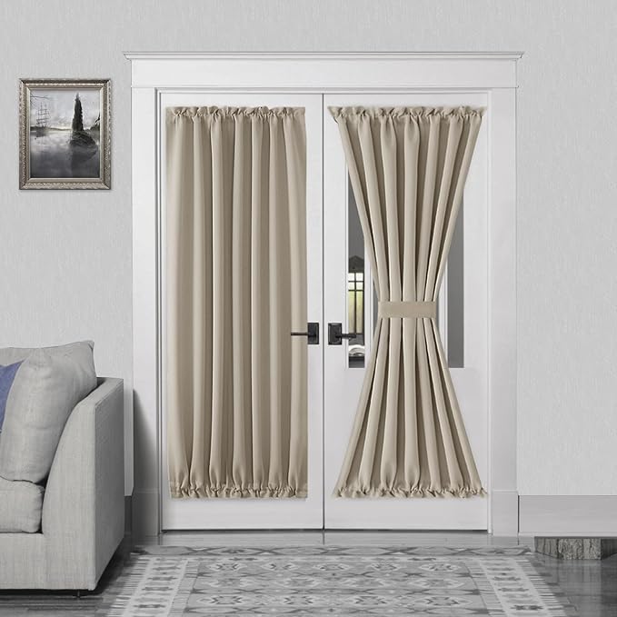 DWCN French Door Curtains – Rod Pocket Thermal Blackout Curtain for Doors with Glass Window, Kitchen and Patio Doors for Privacy, 54 X 72 Inches Long, 1 Curtain Panel with Tieback, Taupe