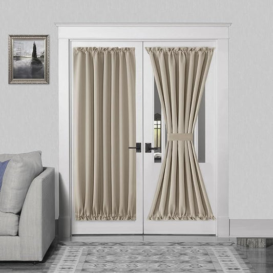 DWCN French Door Curtains – Rod Pocket Thermal Blackout Curtain for Doors with Glass Window, Kitchen and Patio Doors for Privacy, 54 X 72 Inches Long, 1 Curtain Panel with Tieback, Taupe