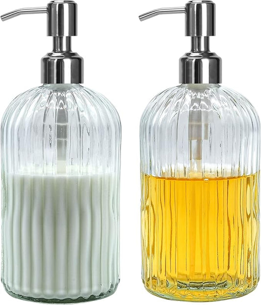 Clear Glass Soap Dispenser 18 oz, 2 Pack Hand Dish Soap Dispensers Bathroom with Stainless Steel Pump, Refillable Kitchen Liquid Decorative Bottles for Hand Sanitizer, Lotion