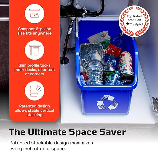 Multi Recycling Bin System with Three Stacking 6 Gallon Bins with Carrying Handles, Stackable and Compact for Offices, Homes, Garages, Businesses (Yellow, 6 Pack)